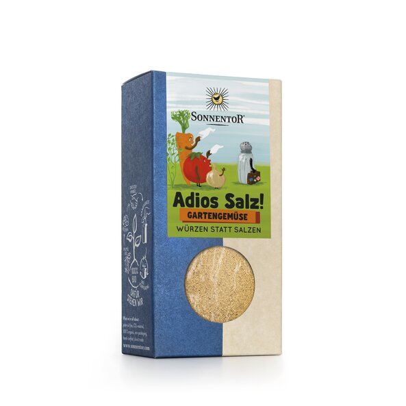 Foto einer Packung Adios Salz. Darauf ist verschiedenes Gemüse zu sehen, das dem Salz hinterher winkt.
