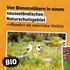 Arrangement with South Sea myrtle and photo of beekeepers on an orange background with the inscription: ‘From bee colonies in a New Zealand nature reserve – preserving natural diversity’.