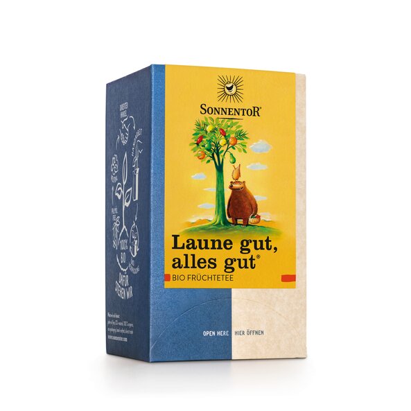 Foto einer Packung Laune gut, alles gut Früchtetee. Auf der Packung ist eine Abbildung von einem Bären, der einem Korb in der Hand hält und einen Igel auf dem Kopf trägt, der Früchte von einem Baum pflückt.