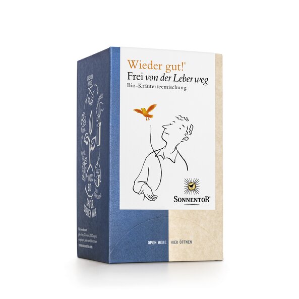 Foto einer Packung Frei von der Leber weg Tee Bio-Kräuterteemischung. Auf der Packung ist eine Abbildung von einem Mann und einem orangenen Vogel der gerade wegfliegt.
