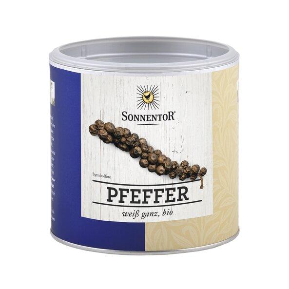 Eine kleine Gastrodose Pfeffer weiß ganz. Auf der Dose sind Pfefferkörner abgebildet.