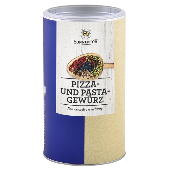 Foto von einer großen Gastrodose Pizza- und Pastagewürz. Auf der Dose ist ein Holzlöffel mit bunten Gewürzen abgebildet.