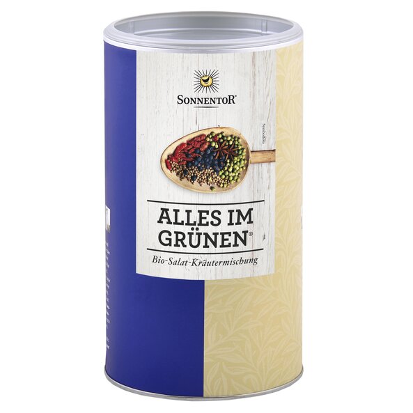 Ein Foto von einer großen Gastrodose Alles im Grünen Salatgewürz. Auf der Dose ist ein Holzlöffel mit vielen Gewürzen abgebildet.