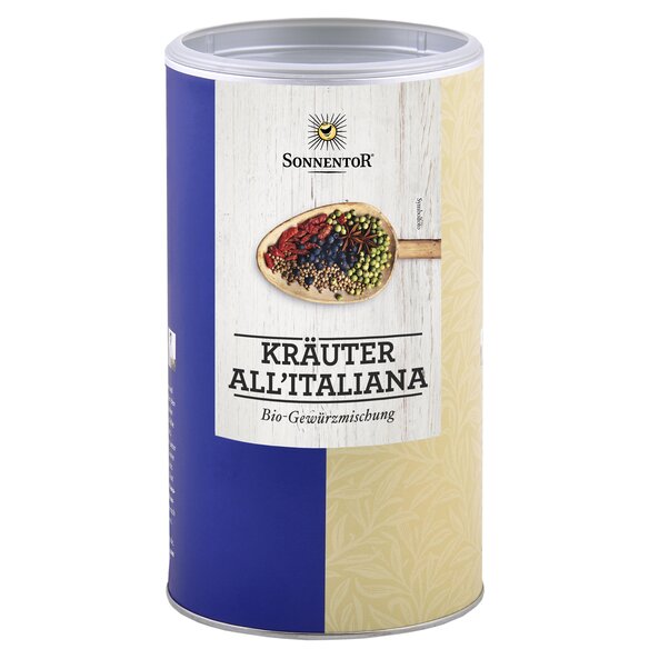 Ein Foto einer großen Gastrodose Kräuter all'Italiana geschnitten. Darauf ist ein Holzlöffel mit bunten Gewürzen abgebildet.