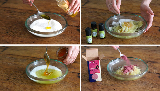 Jarolim Beautytag Peeling Todo | © SONNENTOR Auf dem Foto sieht man, wie das Zuckerpeeling zubereitet wird. | © SONNENTOR