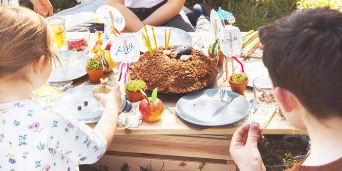 Kindergeburtstag | © SONNENTOR Auf dem Foto sieht man mehrere Kinder bei Tisch sitzen. Darauf steht ein Maulwurfkuchen. | © SONNENTOR